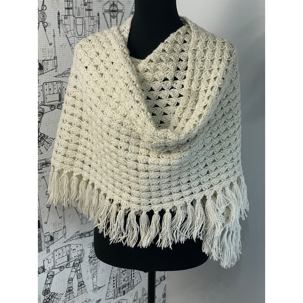Handmade Crochet Shawl‎ Metallic Sparkle Ivory Fringe Boho Wrap